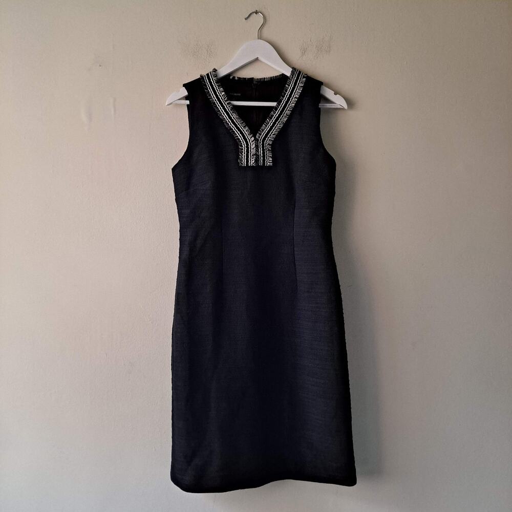 Talbots Womens Black Vneck Texture Dress with Neckline Fringes Sleeveless Size 2 - Picture 7 of 10